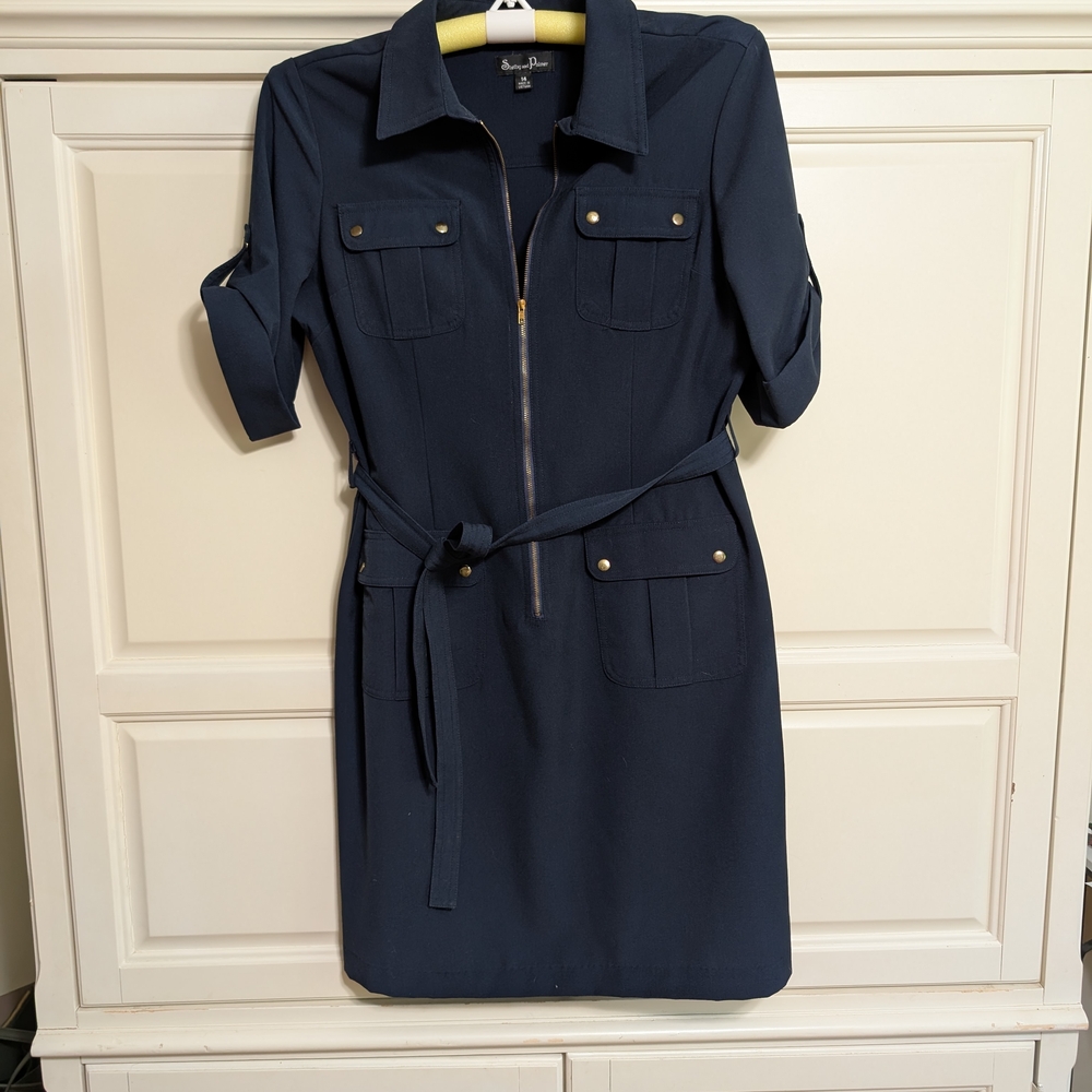 Navy Blue Zip-Up Dress with Belt